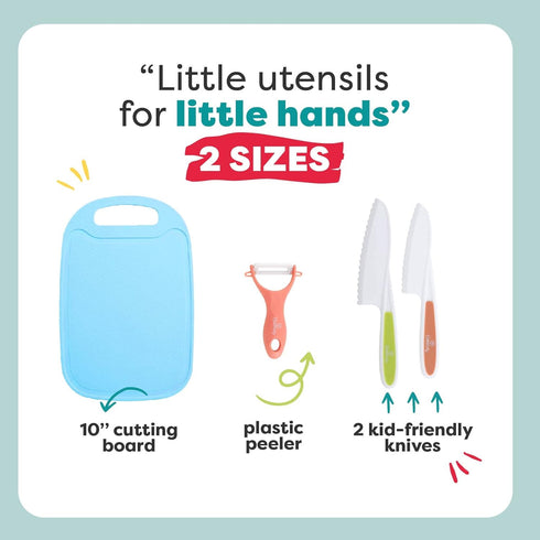 Baketivity Kid Safe Plastic Knives for Real Cooking - Knife Set with Cutting Board, Peeler, Blunt Tip