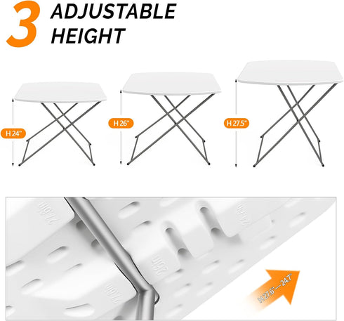18" VINGLI Small Folding Table Portable, Adjustable Height Personal Laptop TV Tray, Camping Table, HDPE Plastic Top