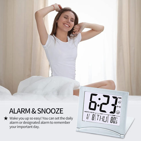 Small Digital Travel Alarm Clock, Battery Operated with Large Number Display and Night Backlight (Silver)