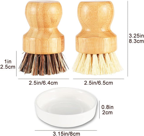 Bamboo Dish Brush with Ceramic Dish, Natural Bristle Palm Brush Pot Scrubber for Kitchen Sink, Cast Iron Pans - 2 Pack