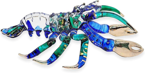6" Tiny Blue Green Gold Dots Lobster Figurine - Miniature Hand Blown Painted Glass Shrimp Prawn Crustacean Crystal Sea