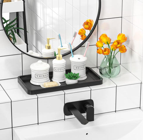Bathroom Vanity Tray for Countertop - Bamboo Organizer Tray for Dresser Tops, Toilet, Perfume Small Decorative Tray Wood Tray for Home Decoration 11.81” L x 6.1” W x 0.79” H (Black) by Weenson