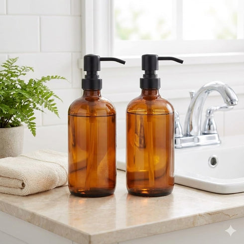 CHBJDAN 2 Pack 16ounce Thick Amber Glass Pint Jar Soap Dispenser with Matte Black Stainless Steel Pump, Boston Round