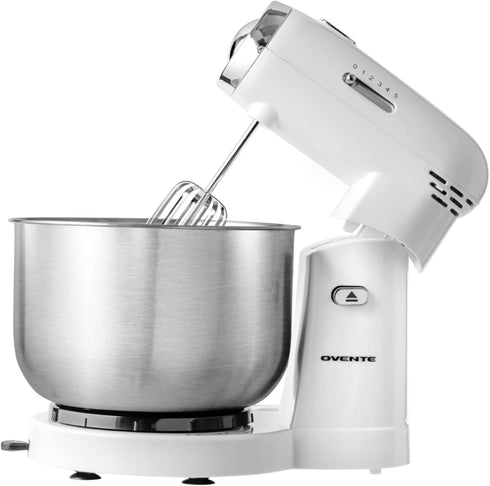OVENTE 3.5-Quart Electric Kitchen Stand Mixer, 250-Watt Power, 5 Speed Control, White, 2 Blender Attachments SM680W