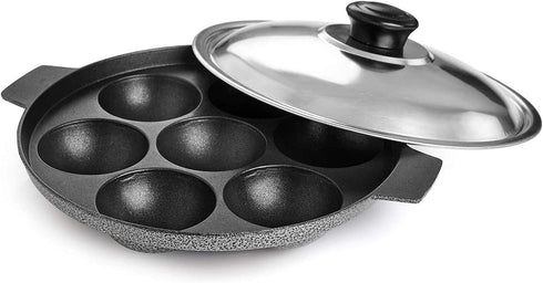 Appam Patra Paniyaral Non-Stick Paniyaram Pan with Stainless Steel Lid, 7 Balls