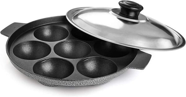 Appam Patra Paniyaral Non-Stick Paniyaram Pan with Stainless Steel Lid, 7 Balls