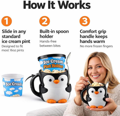 Delta Loom 16 oz Penguin Ice Cream Pint Holder - Fits Standard Pints - Compatible with Ramen Noodles - Dual Spoon Slots