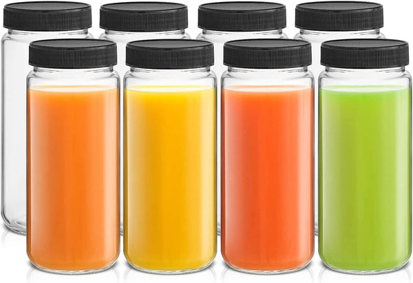 JoyJolt Glass Juice Bottles, 16 oz Glass Bottles with Caps. Set of
