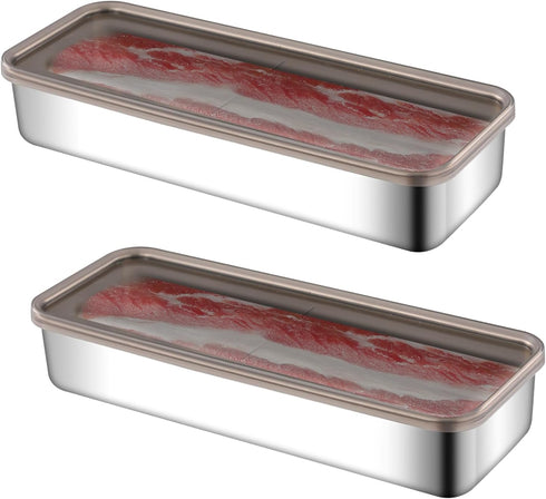2 Pack Bacon Keeper Container, Cheese Container for Fridge, Stainless Steel Deli Containers with Lids for Refrigerator