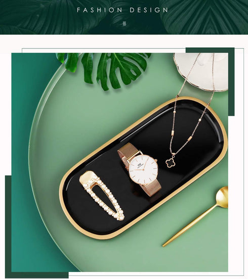 Jewelry Organizer Tray, Oval Resin Dish for Bathroom Kitchen Dresser, Ring Holder Cosmetic Organizer - Black & Gold