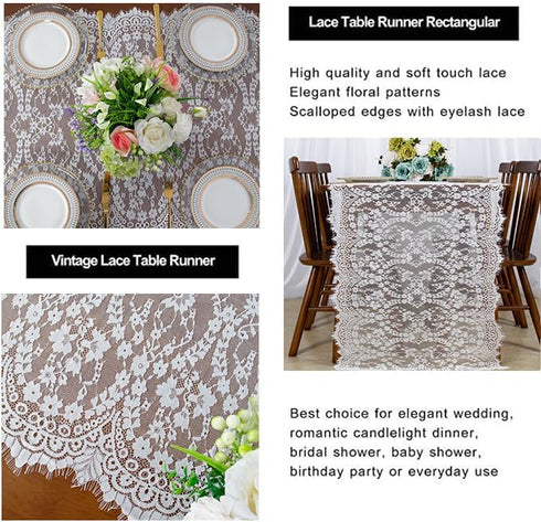 ShinyBeauty 30x120-Inch White Lace Table Runner, Vintage Lace Table Cover, Rustic Floral Embroidered Table Linen