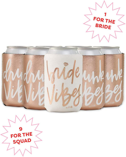 xo, Fetti Bachelorette Party Bride Vibes Can Cooler - White + Rose Gold, 10 Count, Bridal Shower Decoration