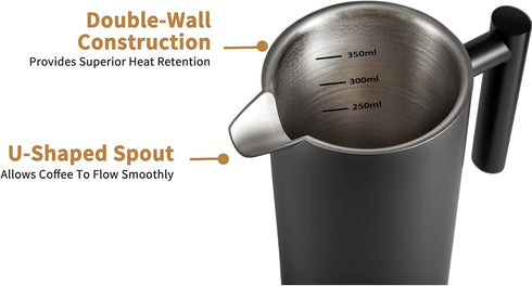 Black French Press Coffee Maker 12oz, Stainless Steel Insulated Coffee Press with Rose Gold Lid, 2 Extra Screens & 1