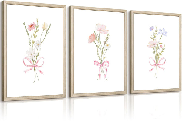 Pouydmi Girl Flower Bow Wall Art Coquette Pink Floral Canvas Wall Decor Nursery