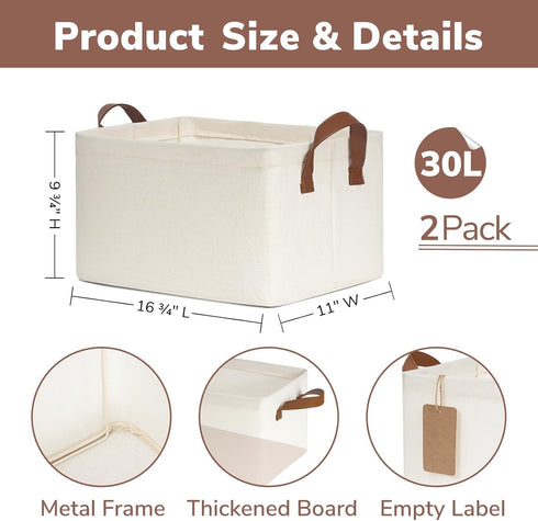 CHICVITA Large Storage Bins, 2-Pack for Organizing, Closet Storage Baskets, 16 ¾" L x 11" W x 9 ¾" H, Beige