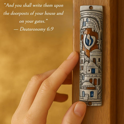 TALISMAN4U Silver Enamel Jewish MEZUZAH CASE with Scroll, 4 Inch Jerusalem Israel Judaica Door Mezuza
