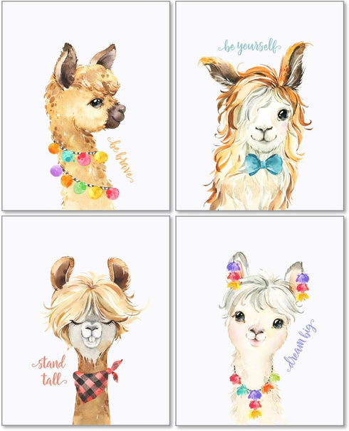 Confetti Fox Llama Nursery Wall Art Decor - 8x10 Unframed Set of 4 Prints, Kids Cute Alpaca Pictures
