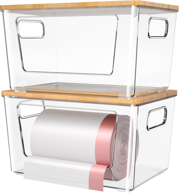 spospo 2 Pack Trash Bag Holder with Bamboo Lid, Stackable Trashbag Dispenser,