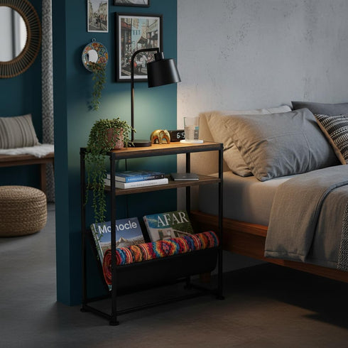 2-Tier Narrow End Table with Magazine Rack, Slim Side Table for Small Spaces, Industrial Nightstand with Storage Sling