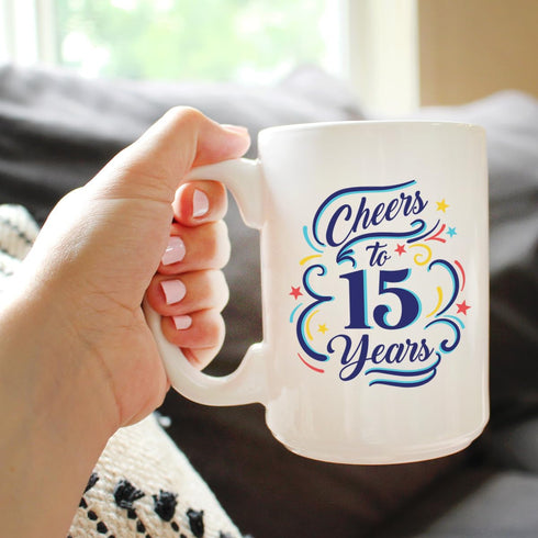 Cheers to 15 Years - Coffee Mug Gifts for Women & Men - 15th Anniversary Party Decor - Large 15oz White
