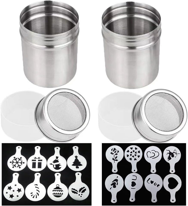2 Pcs TuNan 10oz Stainless Steel Powder Shakers, Fine-Mesh Lid, Sugar Spice Seasoning Cans with 16 Stencils