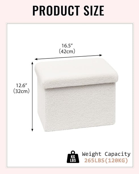16.5"x12.6"x12.6" Small Ottoman with Storage, Sherpa Storage Ottoman Cube, Boucle Folding Foot Rest for Dorm, Living
