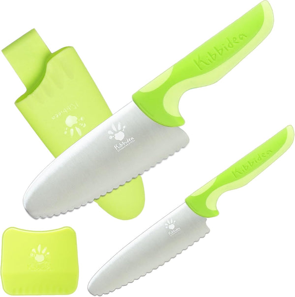 Kids Safe Knife for Real Cooking, Kids First Round Tip Kitchen Knife Set, BPA-free (1, Purple-2PCS) (Green)