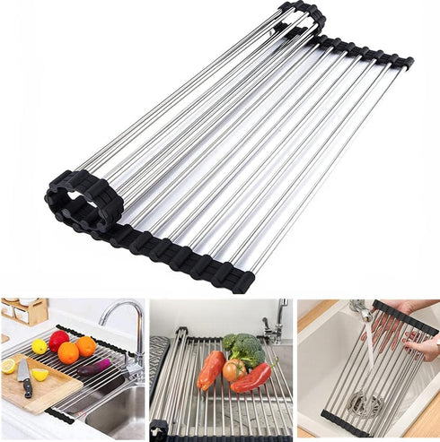 Over The Sink Stainless Steel Roll Up Dish Rack, Roll Out Dish Drying Rack for Kitchen Dishes, Cups