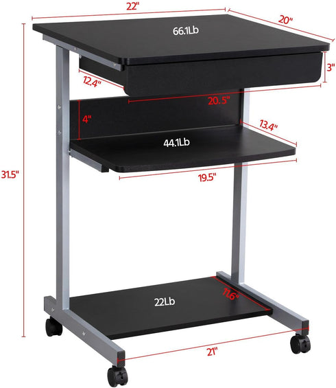Topeakmart Mobile Compact Computer Desk Cart for Small Spaces, Work Workstation, Writing Desk Table with Drawers