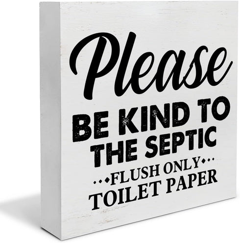 Country Only Flush Toilet Paper Wood Box Sign Decor, Be Kind to the Septic Wooden Box Block Sign for Bathroom Shelf