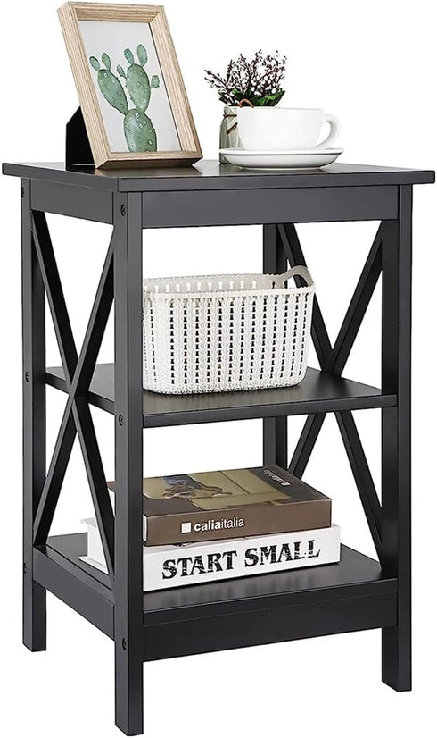 SUPER DEAL Side Table, 3-Tier End Table with Shelves, Versatile X-Design Wood