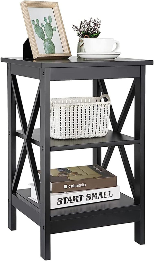 SUPER DEAL Side Table, 3-Tier End Table with Shelves, Versatile X-Design Wood