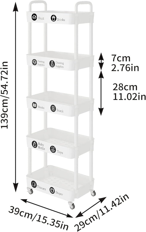 5-Tier Laiensia Rolling Cart with Wheels,Multifunction Utility Storage Carts, Kitchen Storage Organizer,Mobile Shelving