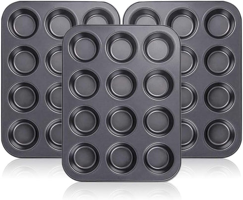 Kingrol Set of 3 Muffin & Cupcake Pans, 12-Cup Non-stick Bakeware, 1.1" Deep