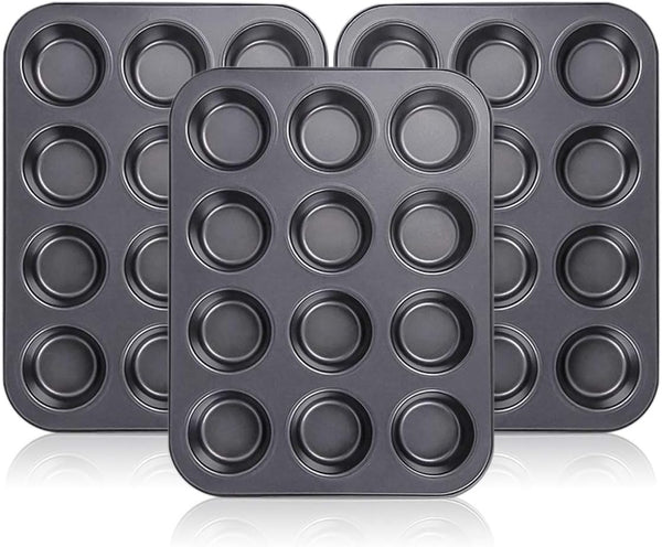 Kingrol Set of 3 Muffin & Cupcake Pans, 12-Cup Non-stick Bakeware, 1.1" Deep