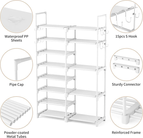 Closet 8 26-32 ROJASOP White Shoe Rack, Tall Metal Shoe Rack Organizer for Entryway Garage, Tier Large Shoe Shelf