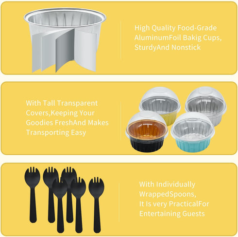 Disposable Ramekins, Gold 30pcs 5oz Mini Aluminium Foil Baking Cups with Lids, 30 Spoons
