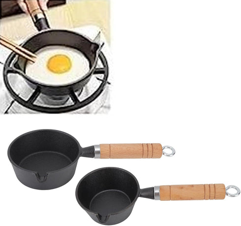 Mini Egg Frying Pan Cast Iron Omelette Skillet with Wooden Handle, Pre-Seasoned for Indoor Outdoor Cooking (13x5cm).