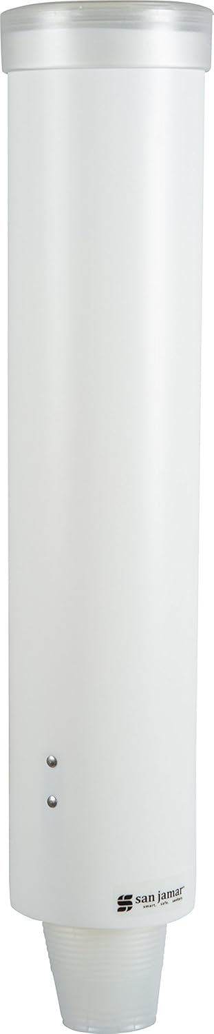 San Jamar Medium Cup Dispenser for 4-10 Oz. Cups, White Plastic, 16 Inches, Flip Cap for Restaurants