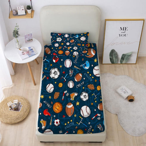3D Set Blue(1 2 Boys Sports Fitted Sheet Full Size Soccer Basketball Baseball Football Bedding for Kids Teens Bedroom
