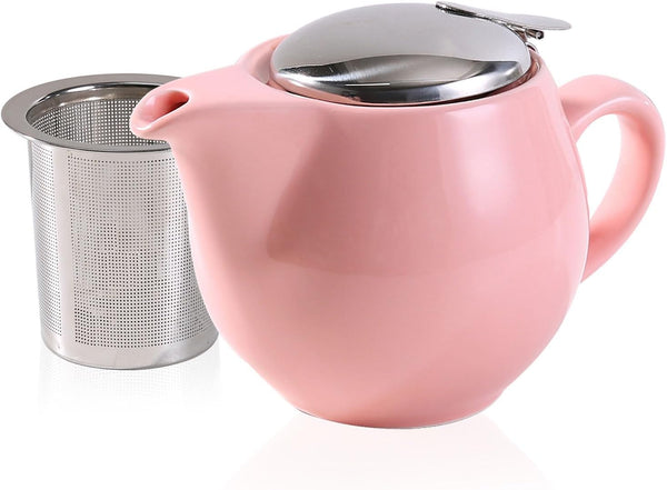 Small Ceramic Teapot with Stainless Steel Infuser - Heat Resistant Pink Tea Pot for Loose & Blooming Tea, 350ml