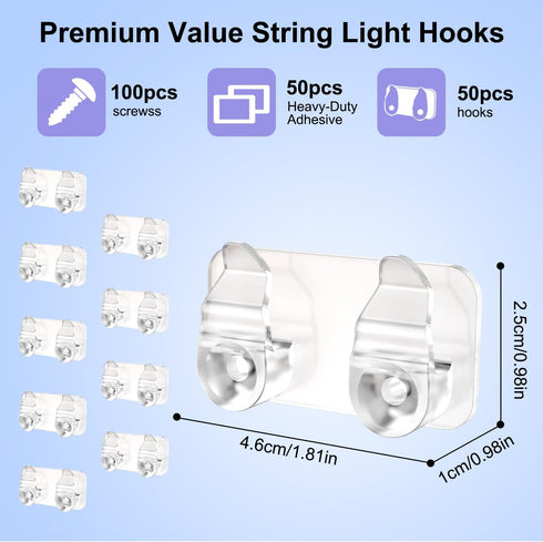 FALDAA 50Pcs Outdoor Light Clips, Clips with Waterproof Adhesive Strips, Heavy Duty Hook with Screws for Hanging