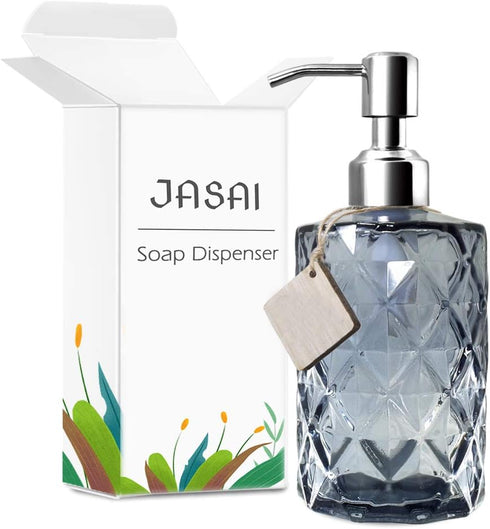 JASAI Diamond Design Glass Soap Dispenser, 12 Ounce Kitchen Soap Dispenser with Stainless Steel Pump (Grey)