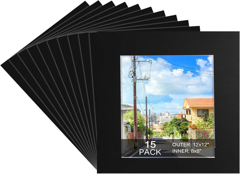 15 Pack 12x12 Black Picture Mats, Frame Mattes for 8x8 Pictures Display