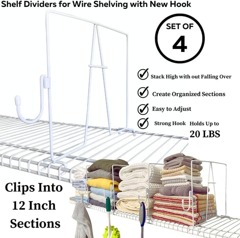Evelots 4 Pack Wire Shelf Dividers with Removable Hooks, Extra Closet Storage & Organization for Home or Office