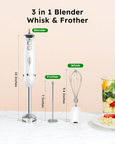 Sangcon Immersion Blender Handheld - 400W Electric 3-in-1 Stick Blender with Whisk, Milk Frother Attachments, White