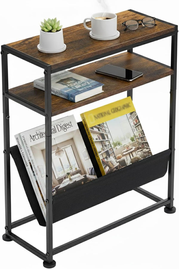 Narrow End Table with Magazine Rack, 2-Tier Slim Side Table for Small