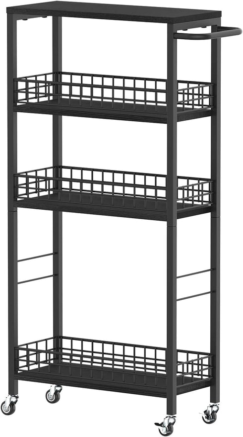 Slim Storage Cart, 4 Tier Rolling Kitchen Cart, Utility Serving Cart for Small Spaces, Modern Black
