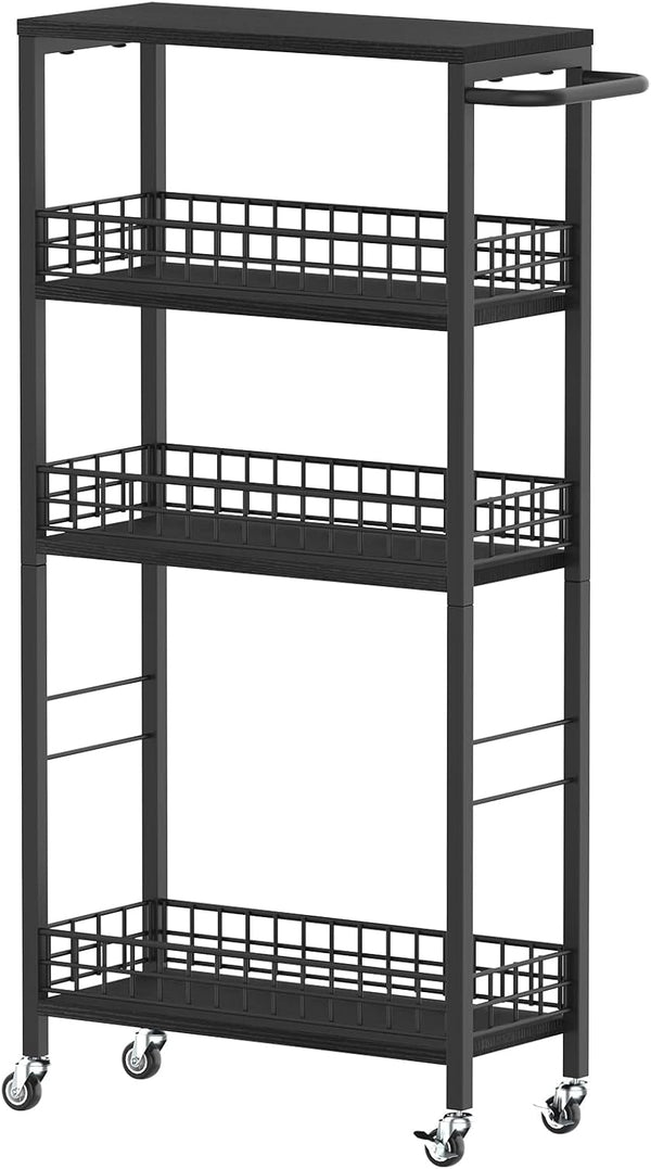 Slim Storage Cart, 4 Tier Rolling Kitchen Cart, Utility Serving Cart for Small Spaces, Modern Black