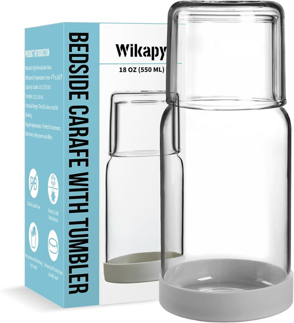 Wikapy Bedside Water Carafe and Glass Set With Silicone Coaster for Nightstand,